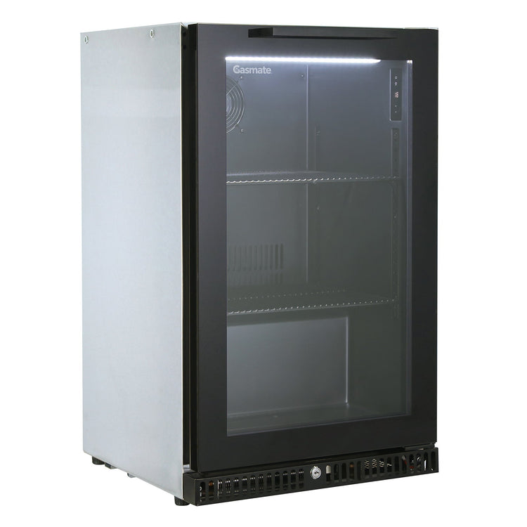 Gasmate Premium 1-Door 97L Glass Door Bar Fridge with Black Interior