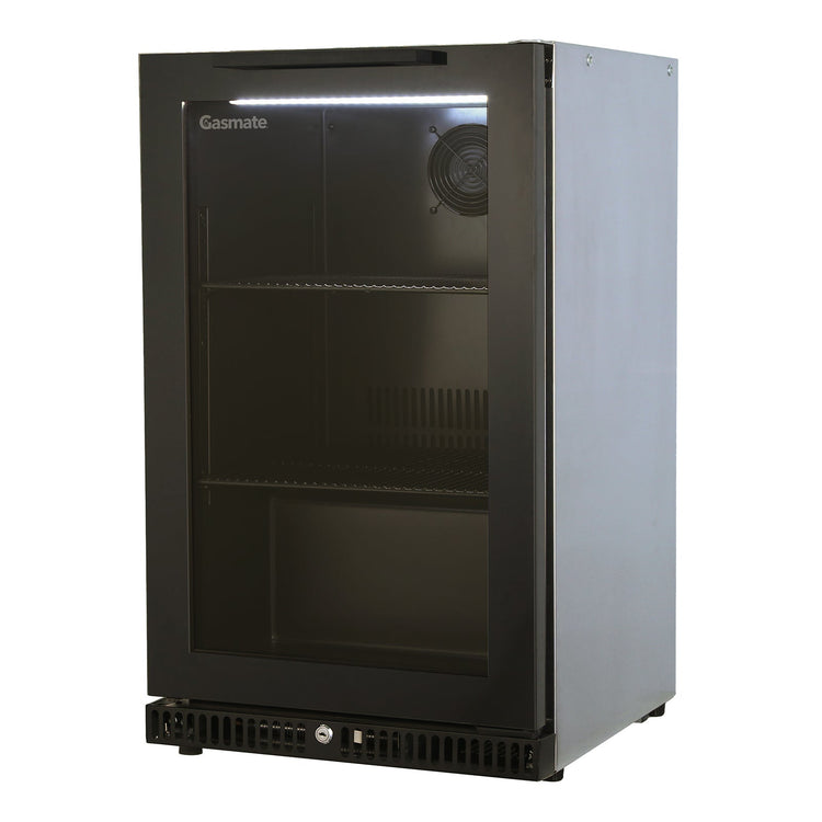 Gasmate Premium 1-Door 97L Glass Door Bar Fridge with Black Interior