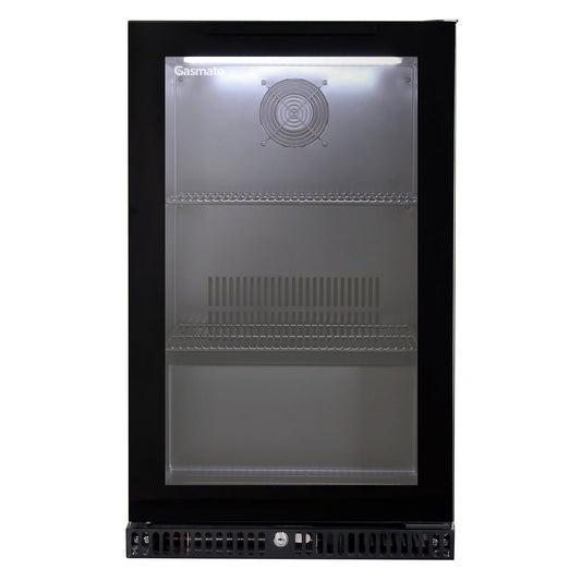 Gasmate Premium 1-Door 97L Glass Door Bar Fridge with Black Interior