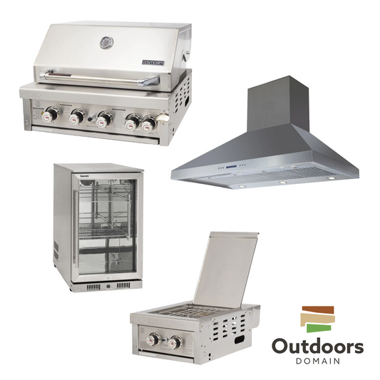 Bundle Gasmaster Hero 4 Burner BBQ & Dual Side Burner & 120cm Rangehood & Gasmate 1 Door 118L Bar Fridge