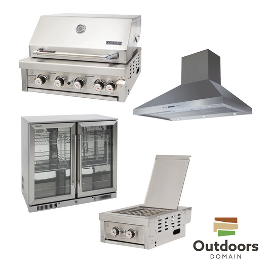 Bundle Gasmaster Hero 4 Burner BBQ & Dual Side Burner & 120cm Rangehood & Gasmate 2 Door 228L Bar Fridge