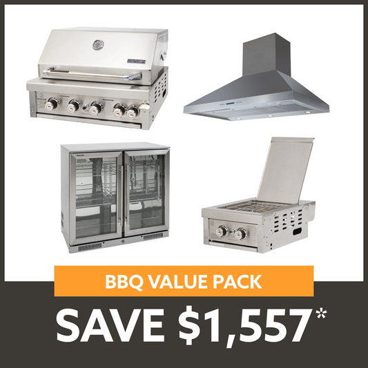 Bundle Gasmaster Hero 4 Burner BBQ & Dual Side Burner & 120cm Rangehood & Gasmate 2 Door 228L Bar Fridge