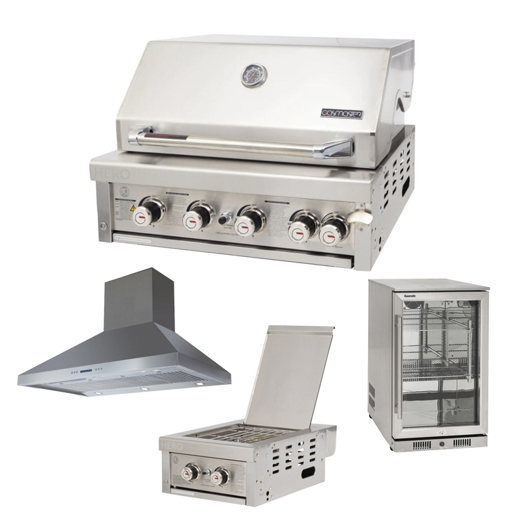 Bundle Gasmaster Hero 4 Burner BBQ & Dual Side Burner & 120cm Rangehood & Gasmate 1 Door 118L Bar Fridge