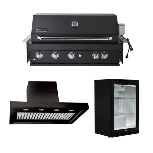 Bundle Sirius Built-In Black BBQ with 1200mm Rangehood and Husky 1-Door 118L Black Glass Door Alfresco Bar Fridge