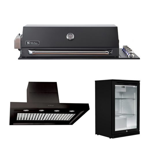 Bundle Sirius Drop-In Black BBQ with 1200mm Rangehood and Husky 1-Door 118L Black Glass Door Alfresco Bar Fridge