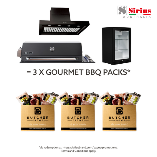 Bundle Sirius Drop-In Black BBQ with 1200mm Rangehood and Husky 1-Door 118L Black Glass Door Alfresco Bar Fridge