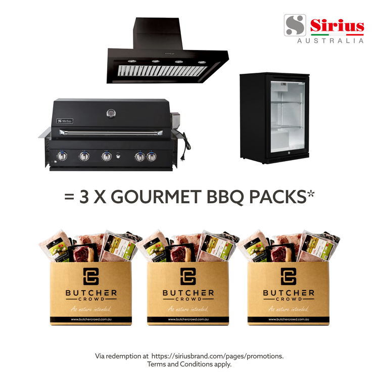 Bundle Sirius Built-In Black BBQ with 1200mm Rangehood and Husky 1-Door 118L Black Glass Door Alfresco Bar Fridge